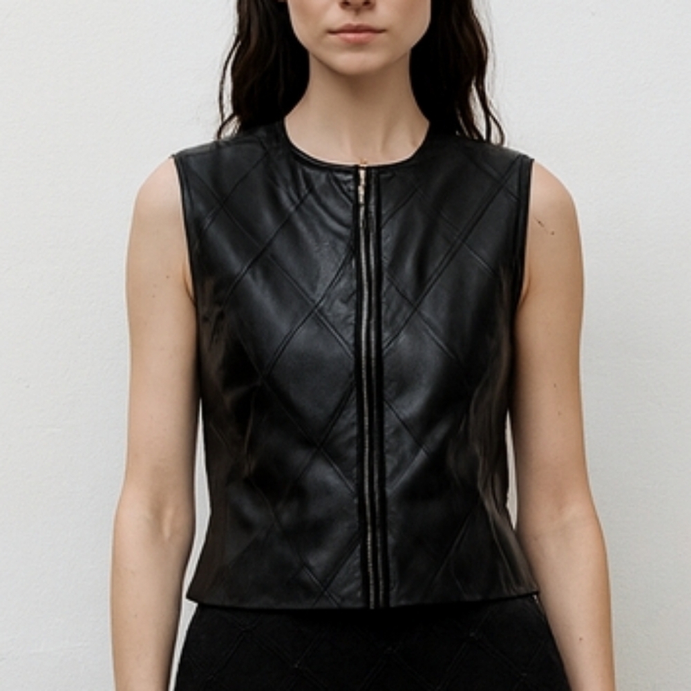 Mixit Black Quilted Leather Moto Biker Vest Sleeveless Diamond Stitching Size 6